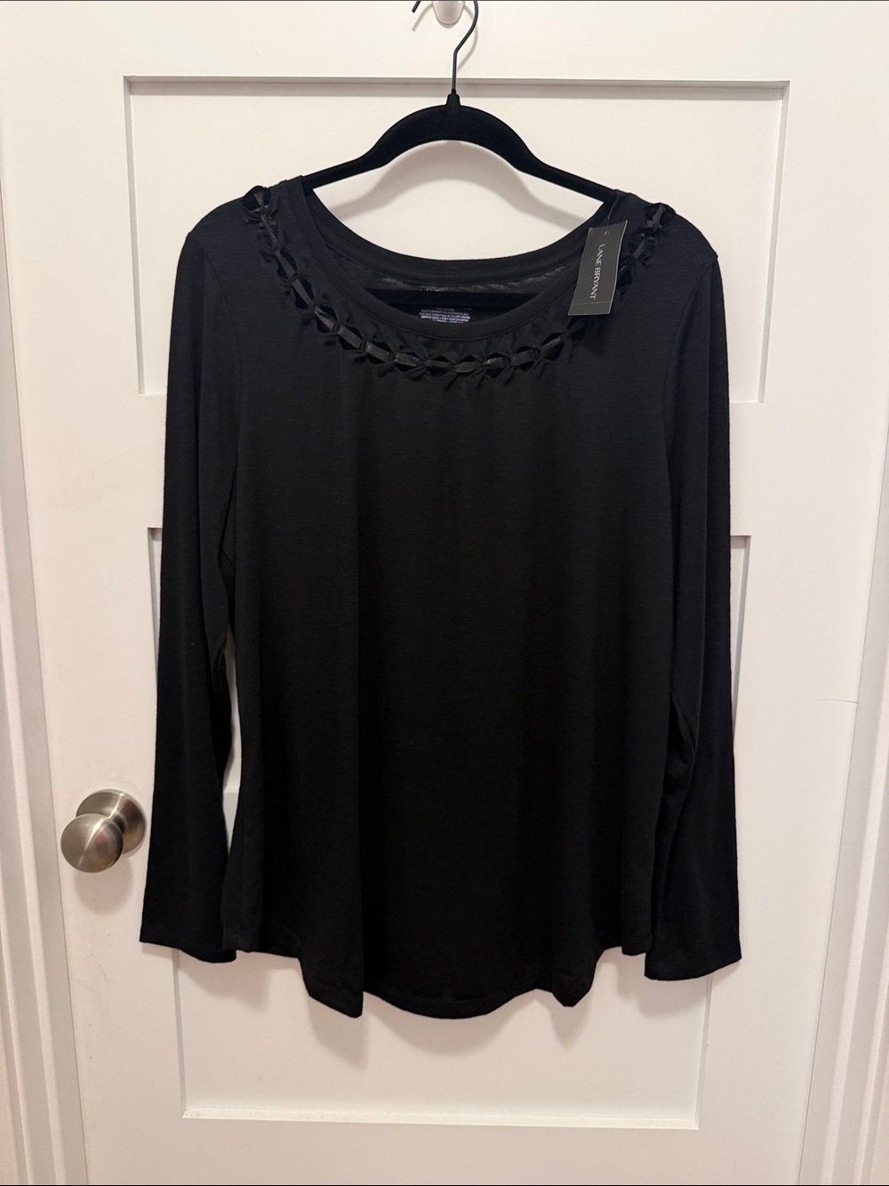 Lane Bryant Black Long-Sleeve Top with Woven Neck Detail U-shaped Bottom Hem